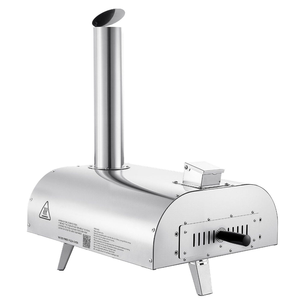 Stainless steel outdoor pizza oven on a white background