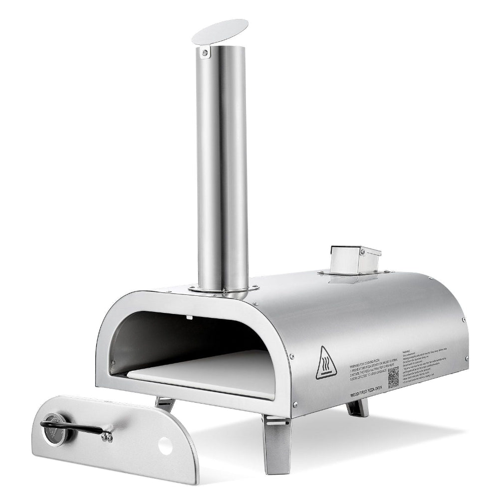 Stainless steel outdoor pizza oven on a white background