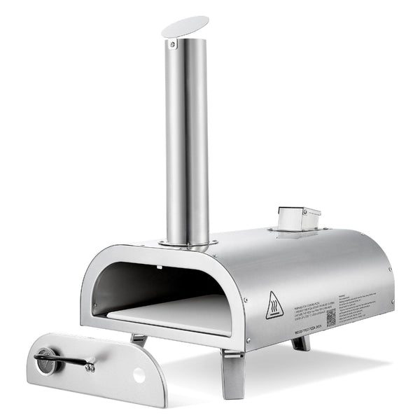 Stainless steel outdoor pizza oven on a white background