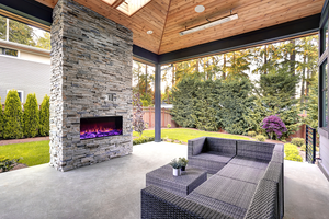 Astro Electric Fireplace Australia single sided fully recessed in an outdoor setting