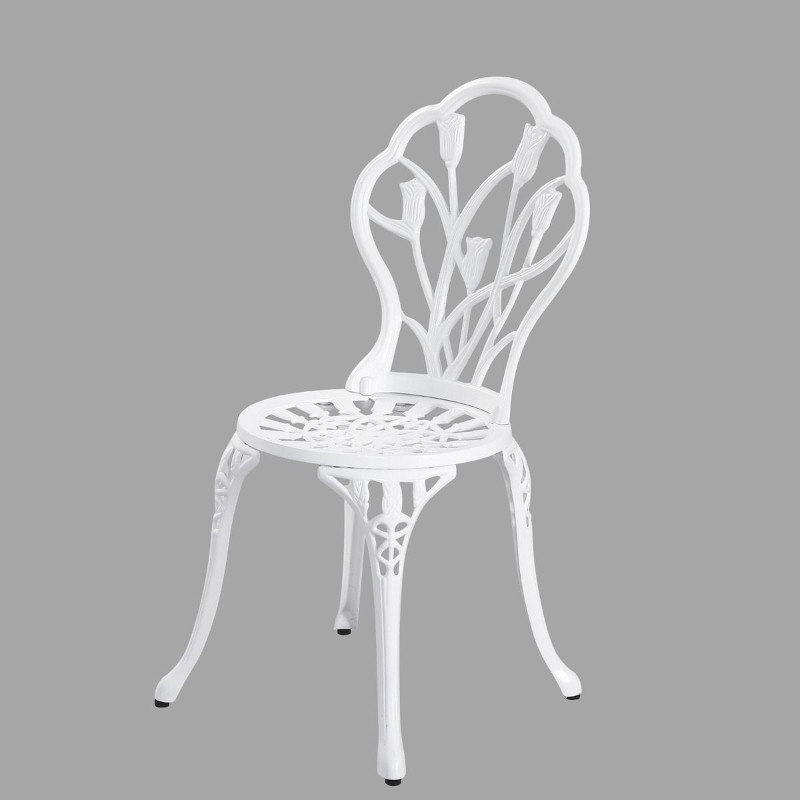 Dominique chair from the 3 Piece Cast Aluminium setting in white colour, with a grey background.