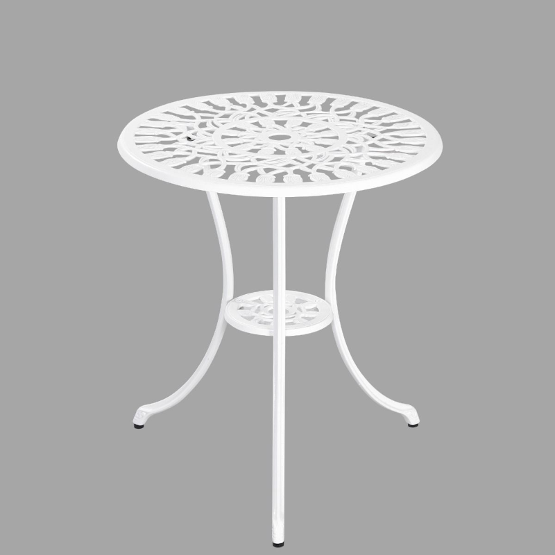 Dominique white coloured table from the 3 Piece Cast Aluminium setting, with a grey background.