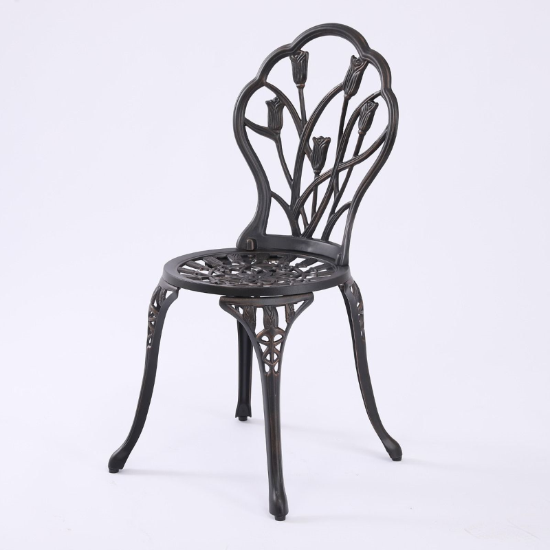 Dominique chair of the 3 Piece Cast Aluminium setting in bronze, with a white background.