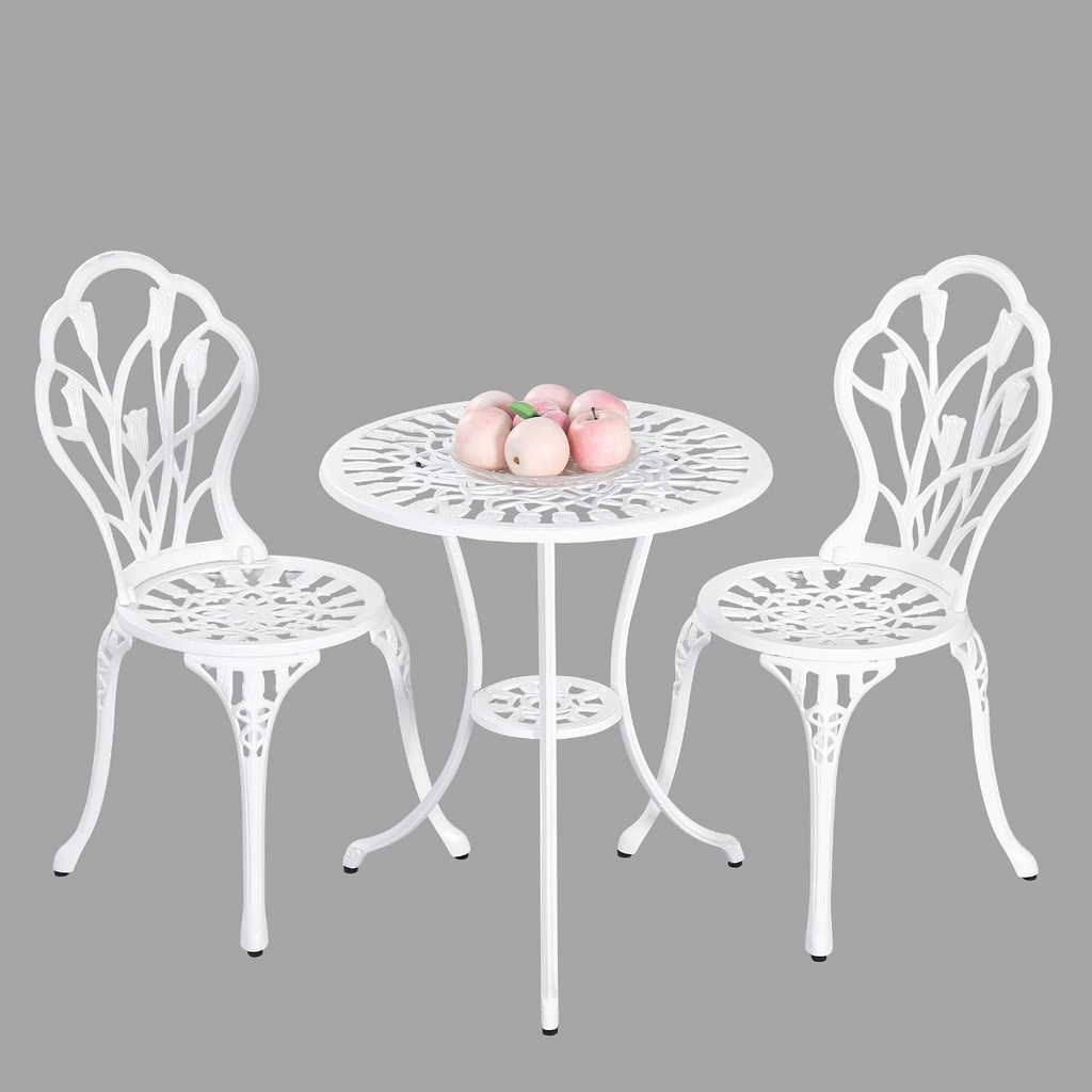 Dominique 3 Piece Cast Aluminium setting in white colour with 8 red apples on a glass plate on the table, with a grey background.