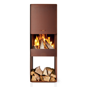 Firebox Garden Wood Burner Fire Pit with stacked wood in log holder and fire burning