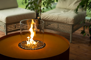 Galio Corten Round Gas Fire Pit Australia with fire burning
