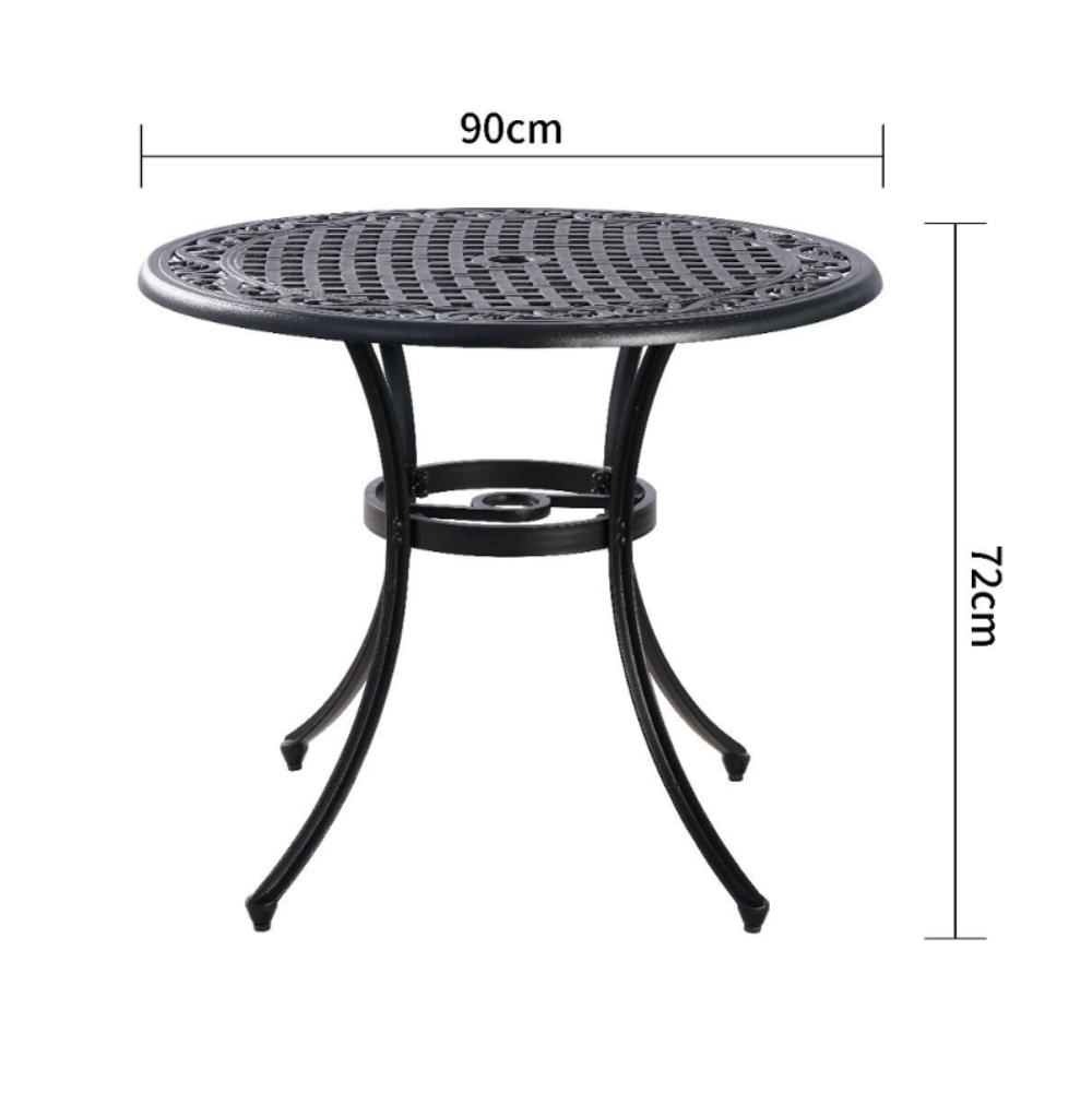 Marco Cast Aluminium Black colour Outdoor Table showing measurements and a white background.