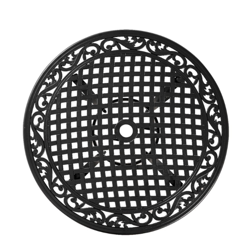 Marco Cast Aluminium Outdoor Table Top in black colour, looking down from a top view on a white background.