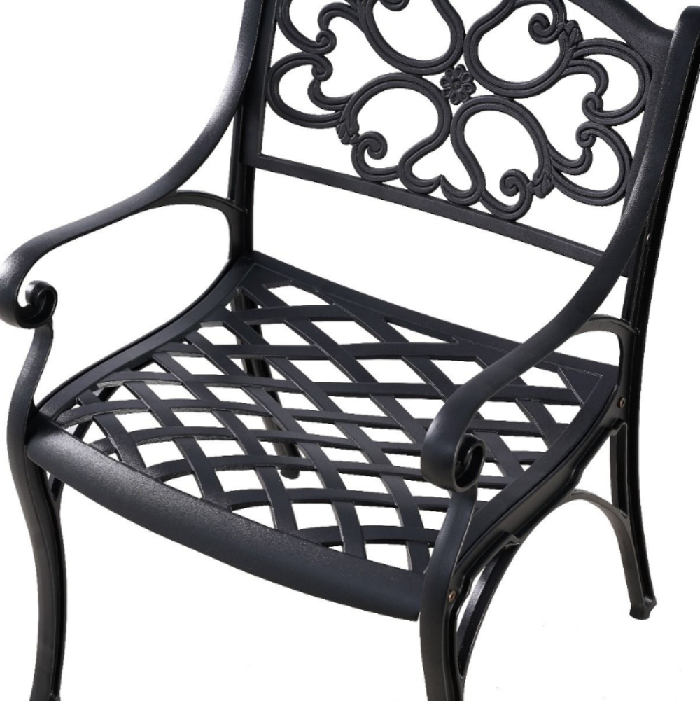 Marco Cast Aluminium Outdoor Chair without the cushion in black colour and a white background.