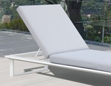 Load image into Gallery viewer, Close up of top of the Vivara Sunlounge - Single white frame with pale grey cushions