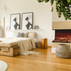 Astro Electric Fireplace Australia in a bedroom with left corner unit bed with cushions and throw rug, cane basket, bedside wood table and wicker lantern, African paintings above the bed on a shelf with couple of wall plates.