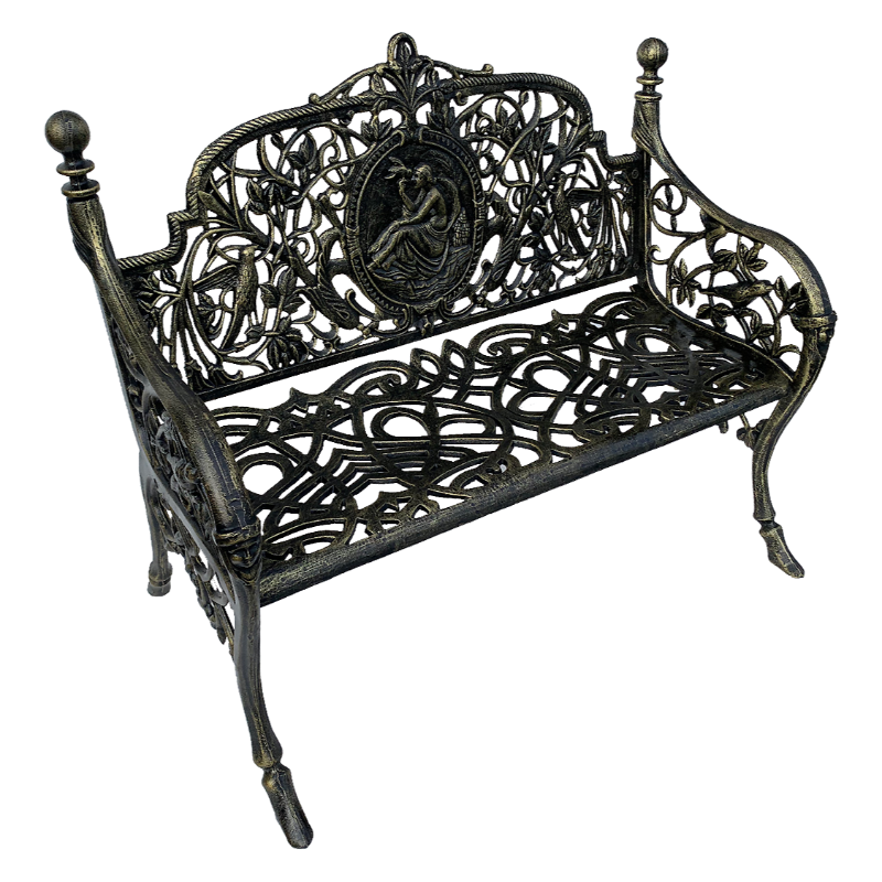 Side view of the Cameo Cast Iron Bench small size in black gold colour on a white background.