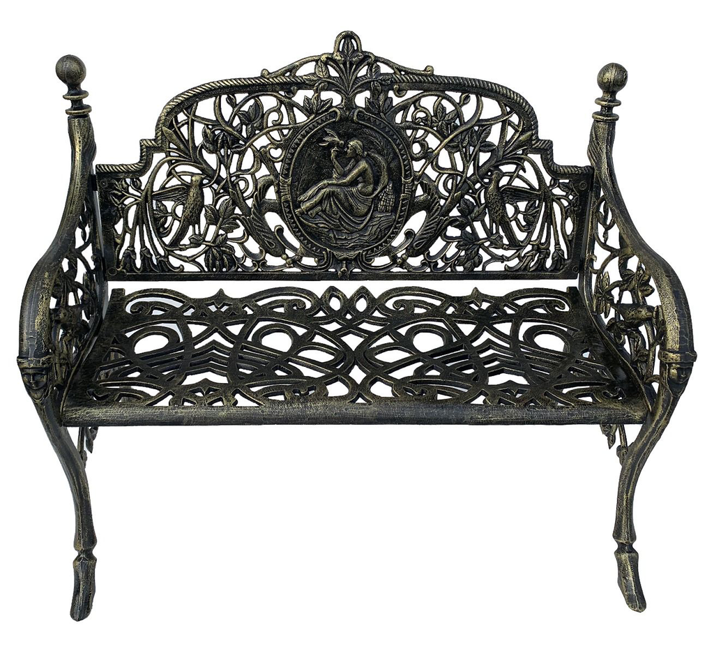 Cameo Cast Iron Bench small size in black gold colour on a white background.