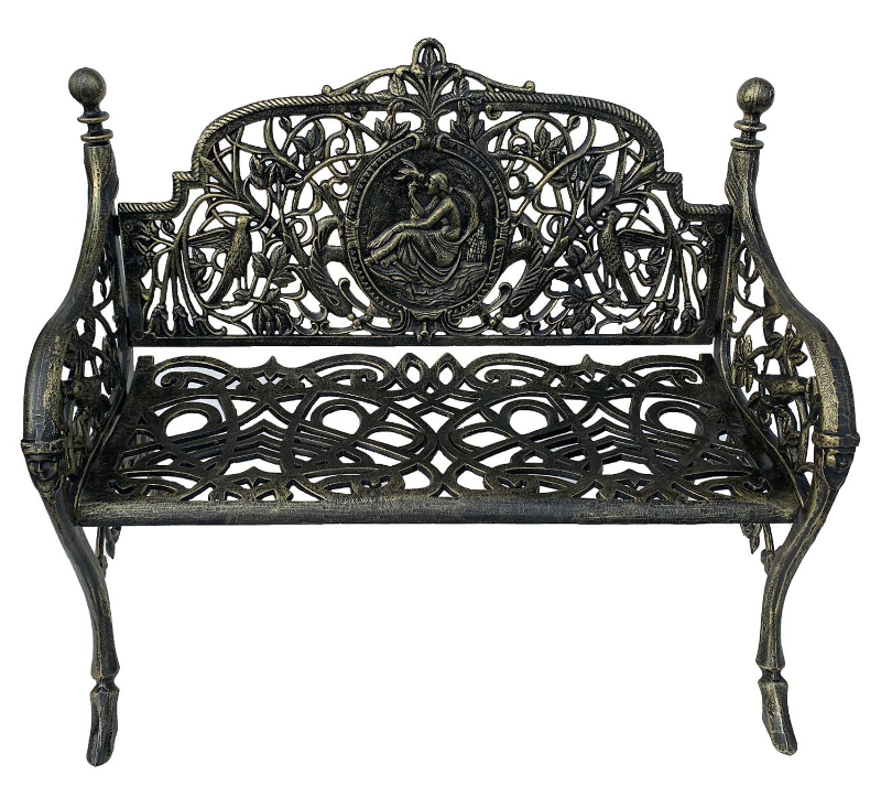 Cameo Cast Iron Bench small size in black gold colour on a white background.