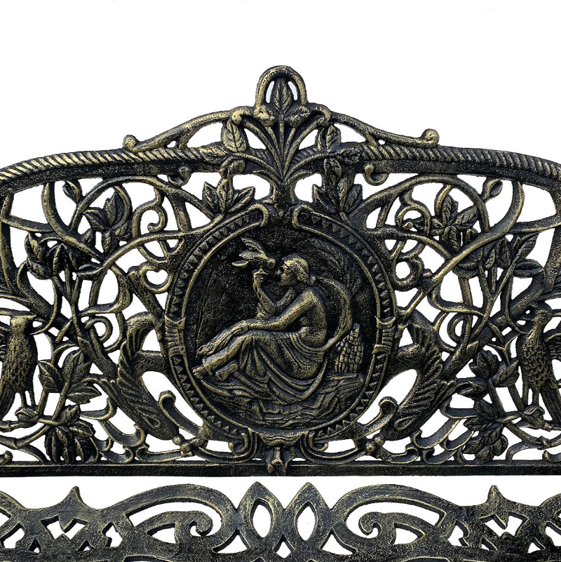 Close up image of the cameo detail in the Cameo Cast Iron Bench small size in black gold colour on a white background.