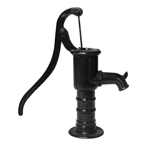 Black coloured Cast Iron Village Pump Garden Ornament with a white background.