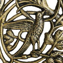 Load image into Gallery viewer, Close up of bird detail in the Cameo Cast Iron Bench large size in black gold colour