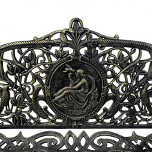Load image into Gallery viewer, Close up image of the cameo detail in the Cameo Cast Iron Bench small size in black gold colour