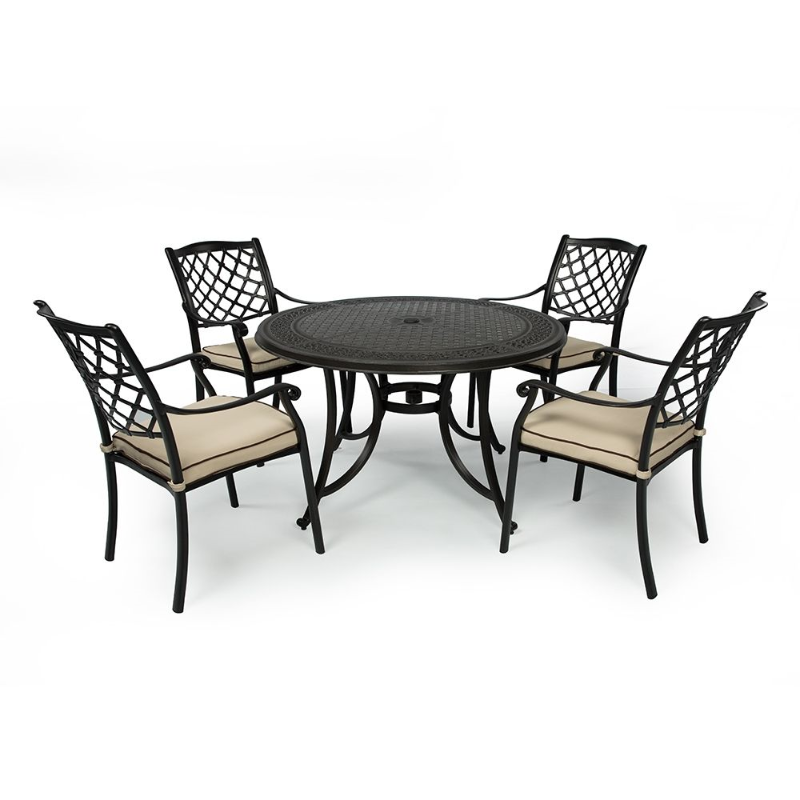 Fuji Aluminium five piece Outdoor Setting in sand black colour with beige cushions.