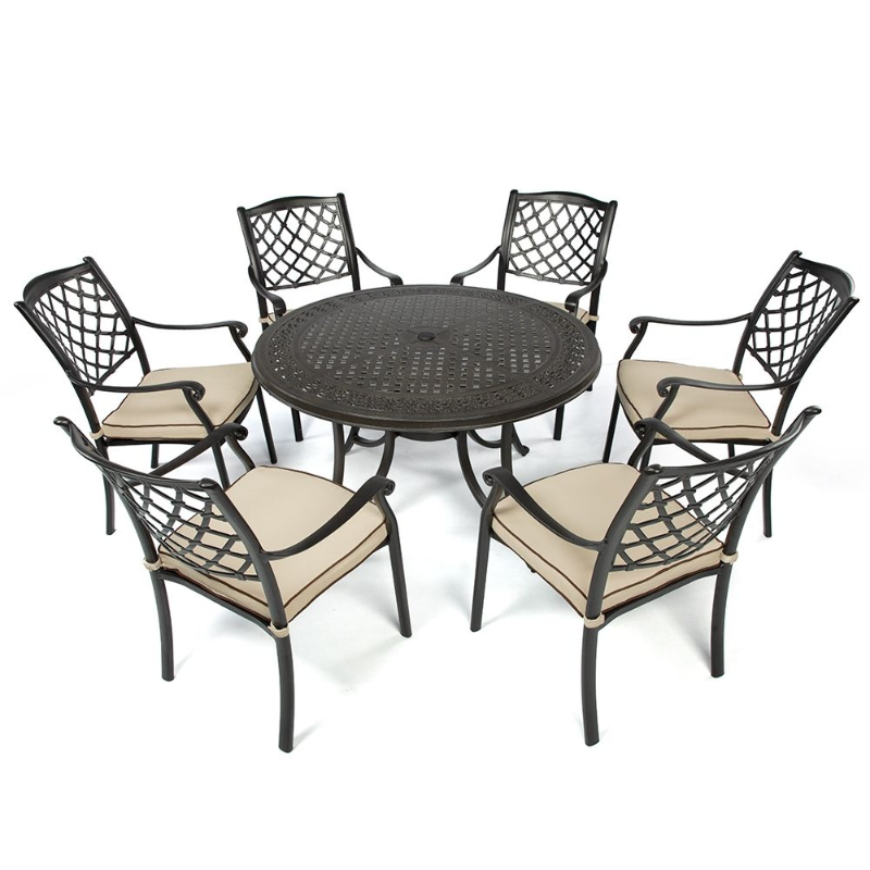 Fuji Aluminium seven piece Outdoor Setting in sand black colour with beige cushions.