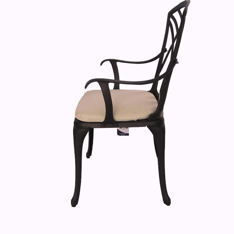 Side view of Dark Bronze Chair and cream cushion from the Mauritius 3 Piece Setting with a white background.