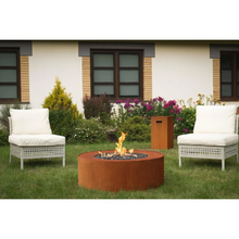 Load image into Gallery viewer, Galio Star Automatic Outdoor Gas Fireplace in corten with flame burning in garden setting