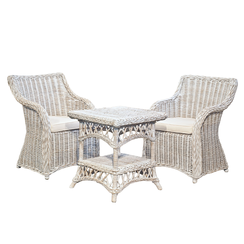 Roma 3 Piece Natural Aged KUBU Wicker Set with white wash cushions and a white background.