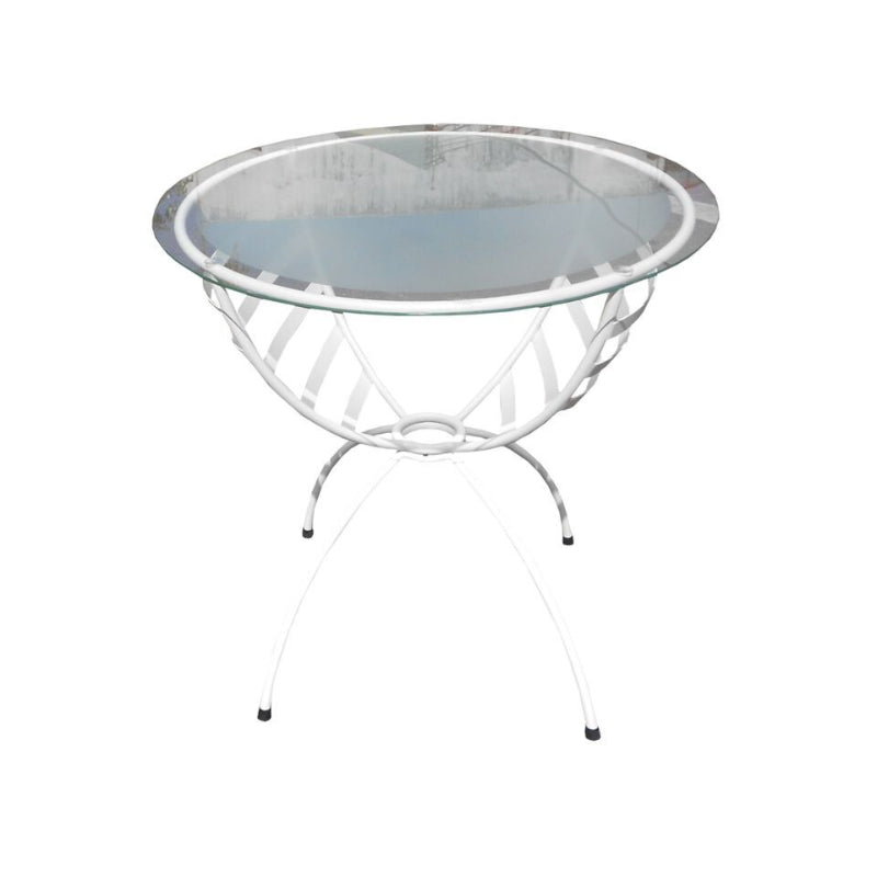 The Sarahline round white metal table with glass top and a white background.