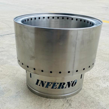 Load image into Gallery viewer, Smokeless Stainless Steel Fire Pit with the word inferno in the base of it