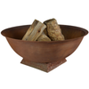 Rust coloured basin fire pit on stand with few logs stacked inside it and a white background. 
