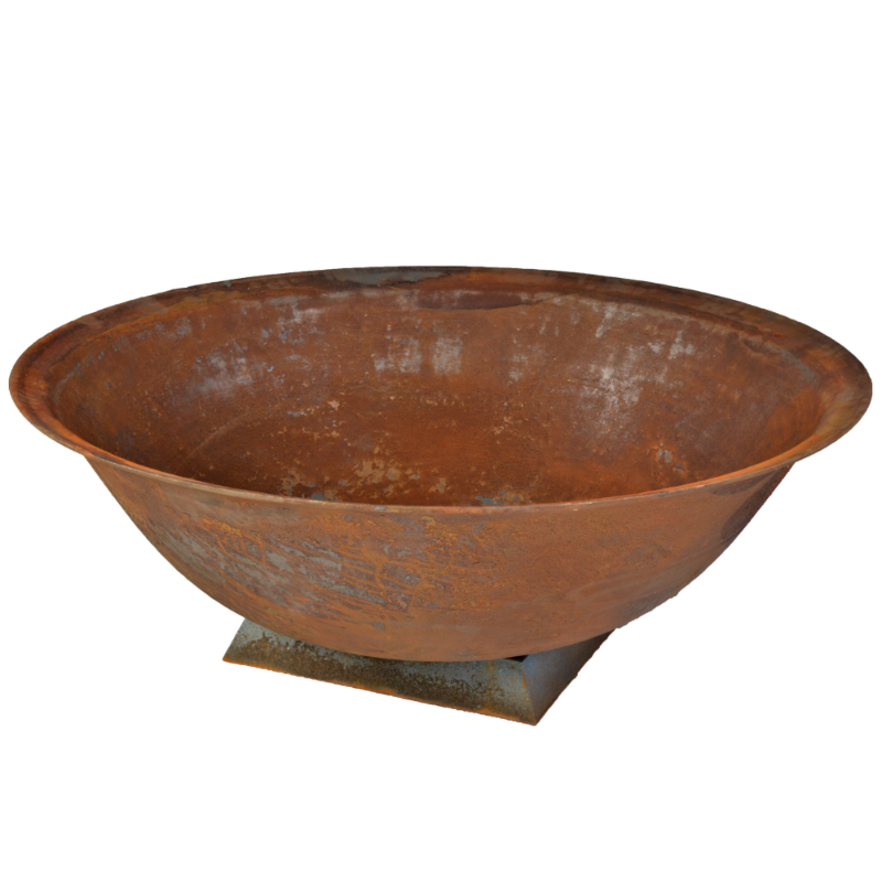 Rust coloured basin fire pit on stand with a plain white background. 