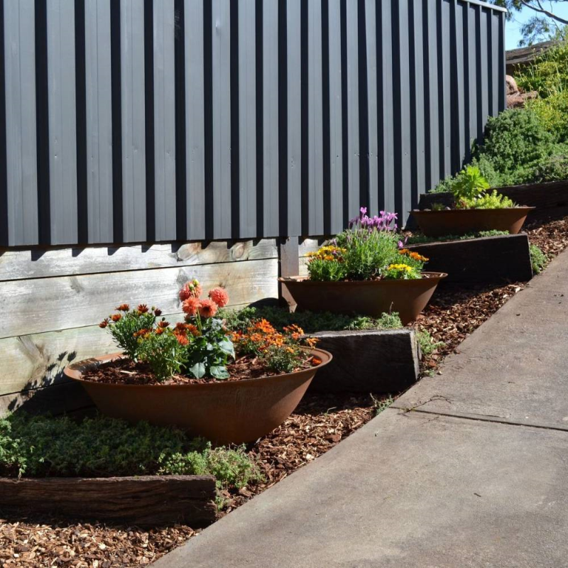 Several Rust coloured cast iron round basin fire pits used as flower planters in a garden setting along a driveway fence.