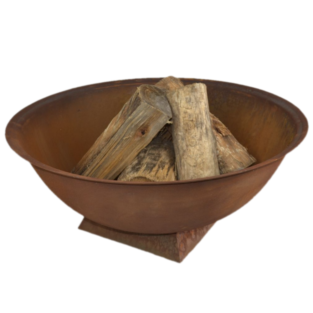 Rust coloured basin fire pit on stand with some logs stacked inside it and a white background. 
