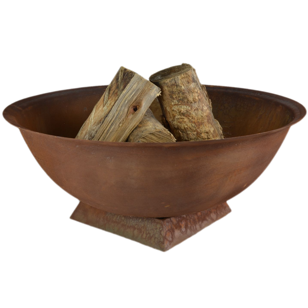 Rust coloured basin fire pit on stand with few logs stacked inside it and a white background. 