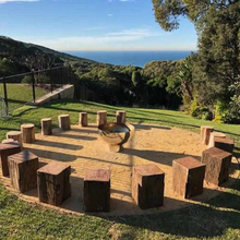 Load image into Gallery viewer, The Goblet Stainless Steel Fire Pit in the middle of log seats