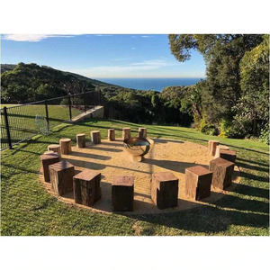 The Goblet Stainless Steel Fire Pit in the middle of log seats