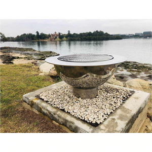 The Teppanyaki Stainless Steel Fire Pit and grill beside a lake